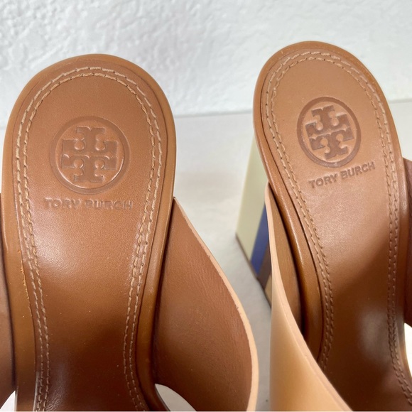 {Tory Burch} Color Cube Colorblock Wooden Wedge Mules, Size 9 - Picture 3 of 11